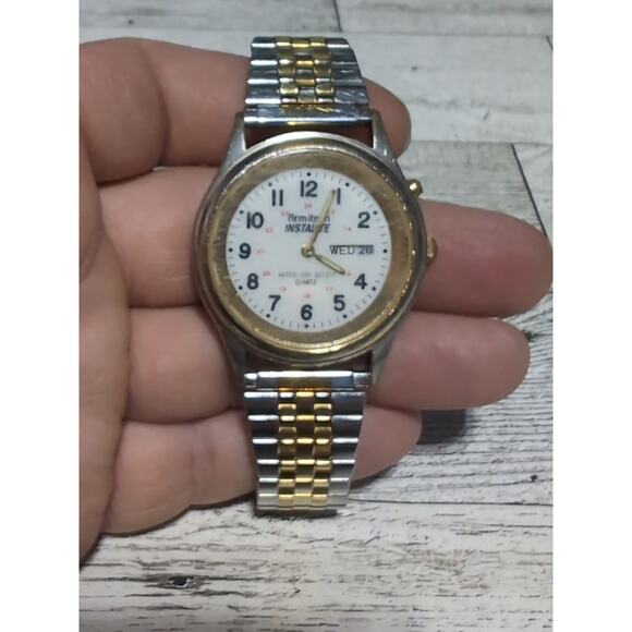 Armitron Instalite Watch Men 37mm Silver Gold Two Tone Stretch Band New Battery - Picture 4 of 6